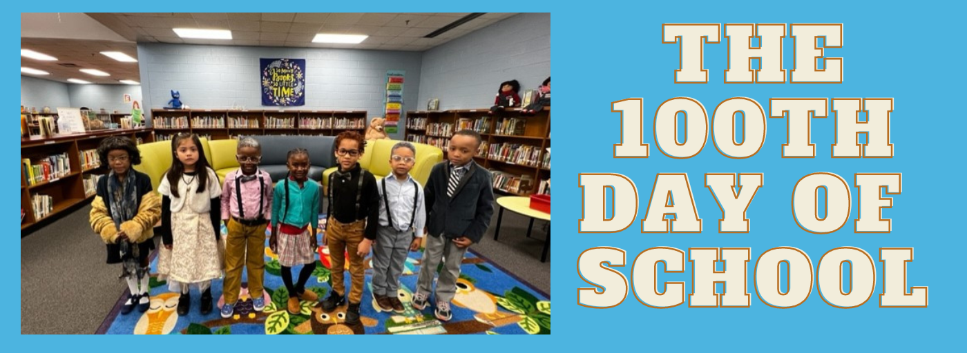 & Kindergarten students in the library from Mrs. Dawson-Bennett&#39;s class dressed as elderly people for the 100th Day of School